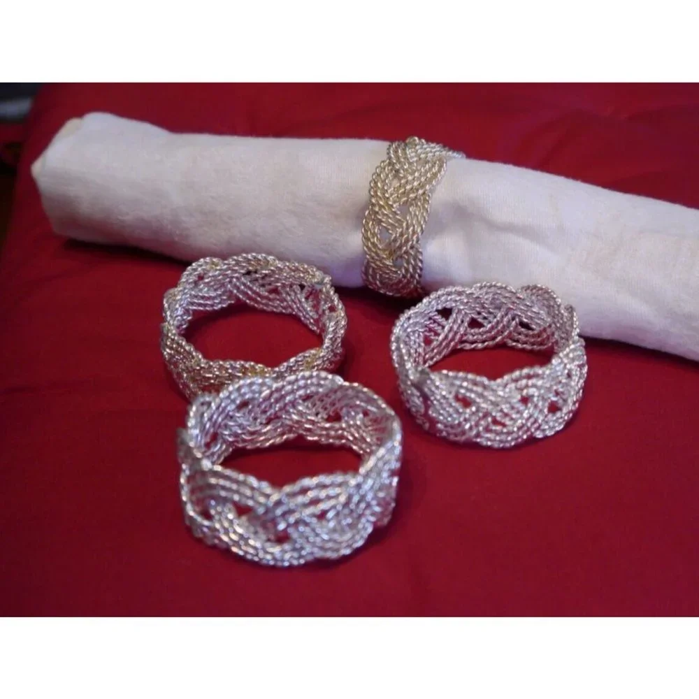 (4) Napkin Rings Nautical Braided Twisted Rope Style Vintage Wire Silver Tone
